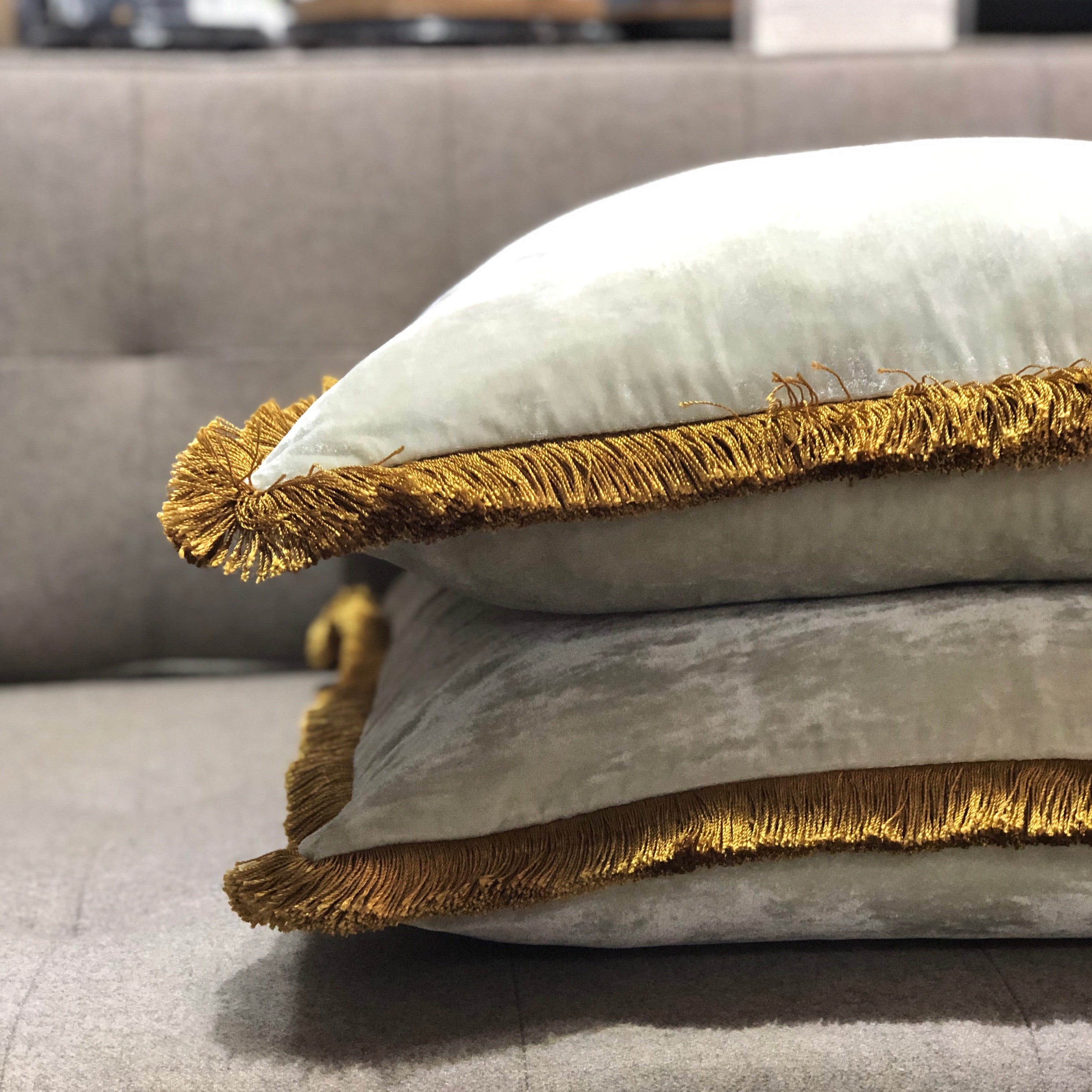 Luxury Silk Velvet Cushion Sky Light with Gold Fringe- 55cm square
