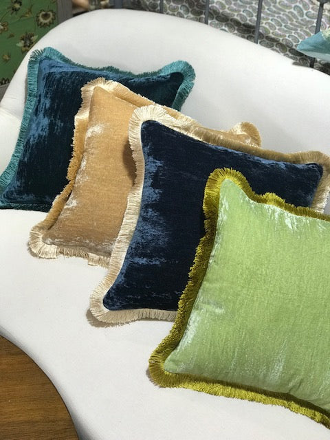 Silk Velvet Fringed Cushion in Apple Green with a Golden Trim- 40cm square