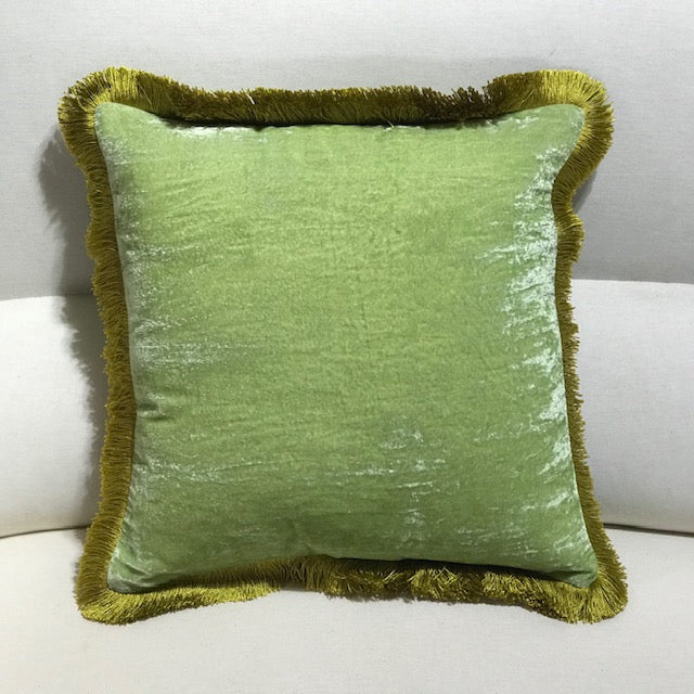 Silk Velvet Fringed Cushion in Apple Green with a Golden Trim- 40cm square