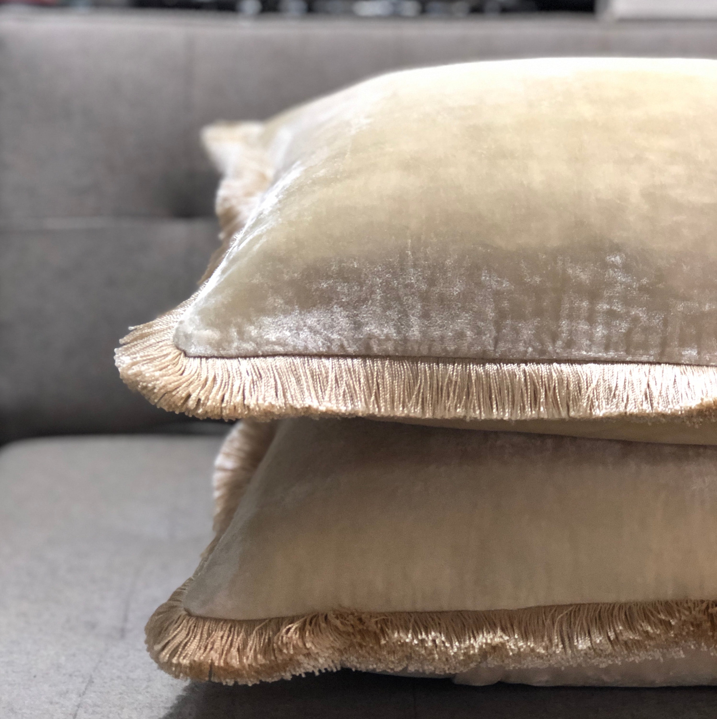 Luxury Silk Velvet Cushion Ivory with Cream Fringe- 55cm square
