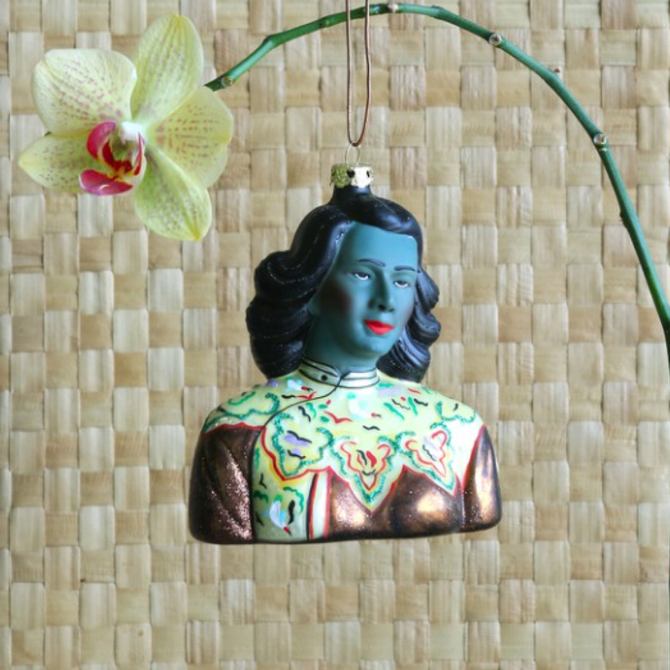 Glass holiday ornament rendition of Vladimir Tretchikoff's iconic 'Modern Girl' - available at scouthouse.com.au